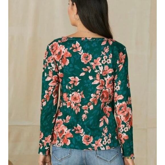 Sundance Rosey Delights Green Peachy Floral Cotton Henley Long Sleeve Top Large - Picture 4 of 8